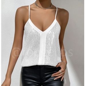 Silver Sequins Detail White Cami Top